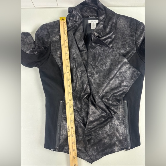 Cache Sz S Black Coated Drape Open Front Cardigan Sweater Side & Sleeve Zip - Picture 12 of 13